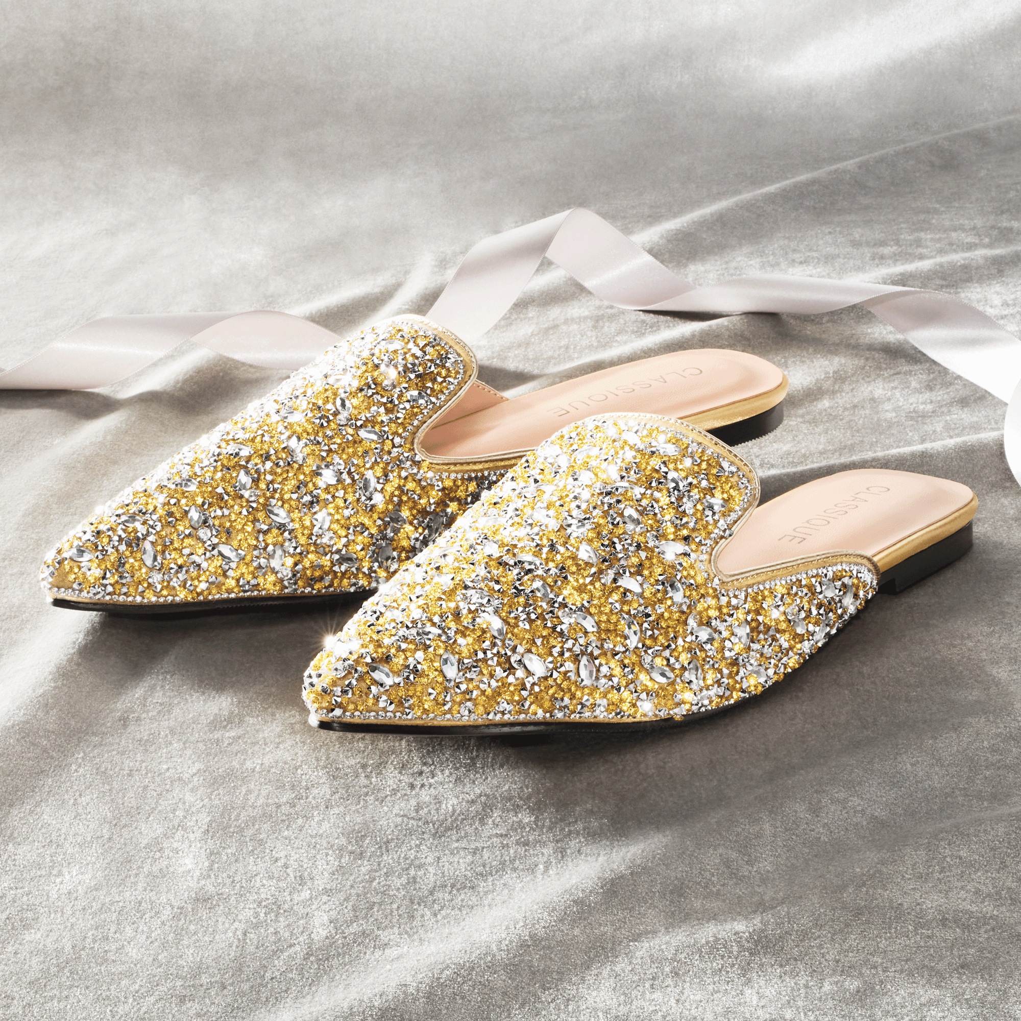 Rhinestone Satin Mule â?Low Heel Slip-On Dress Shoe with Sparkling Crystals