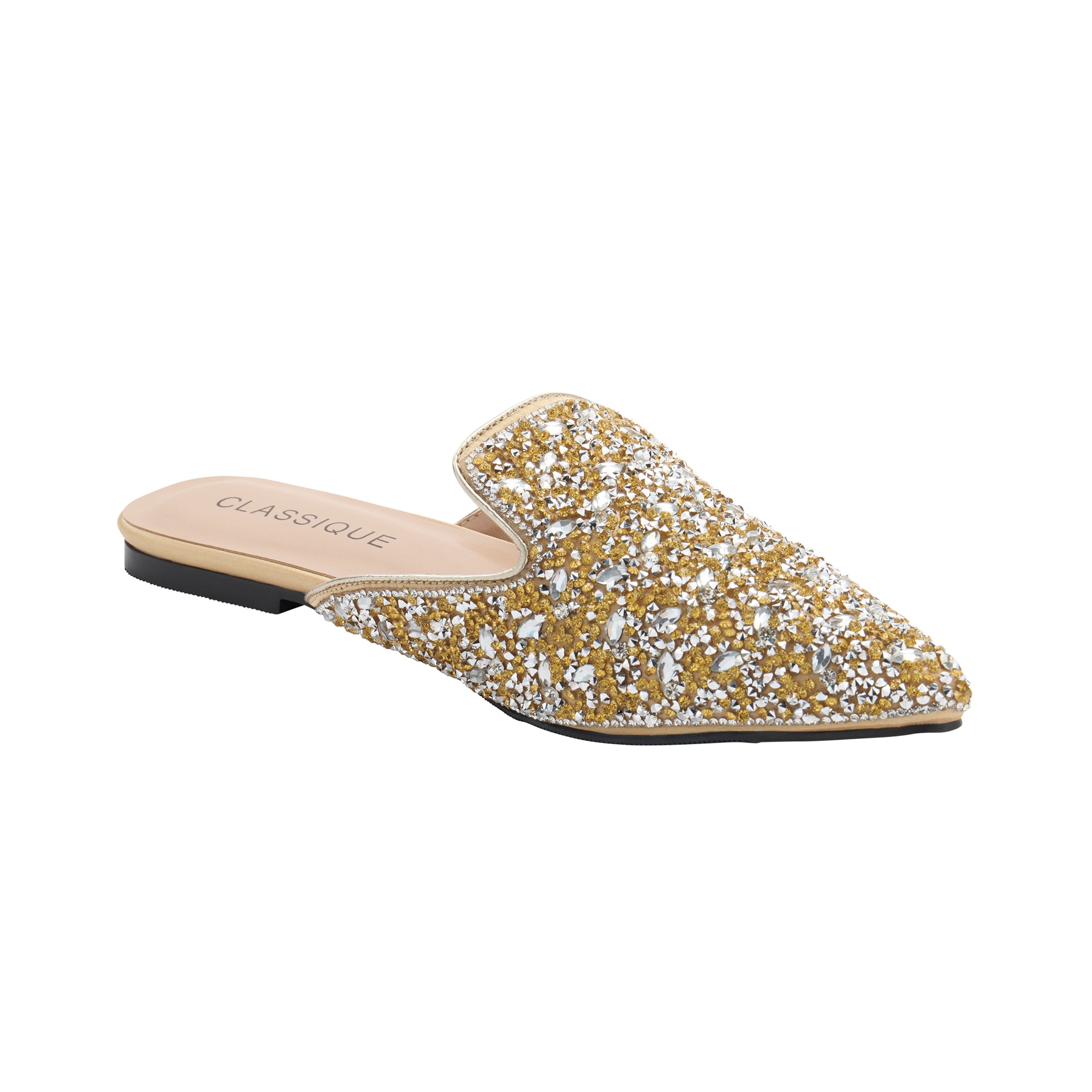 Rhinestone Satin Mule â?Low Heel Slip-On Dress Shoe with Sparkling Crystals