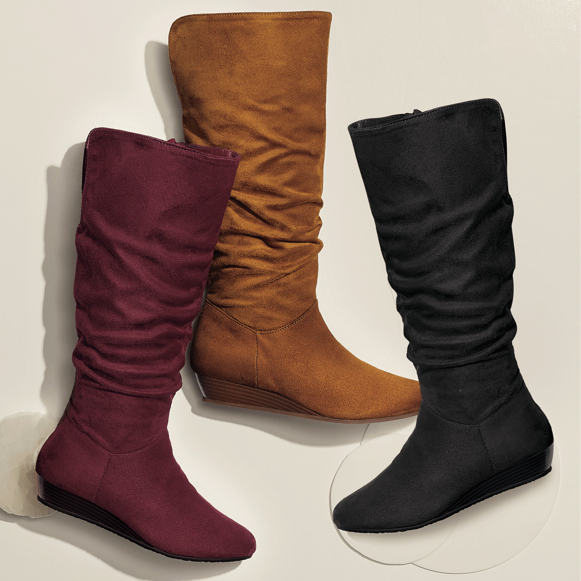 Amanda D'Laurie Tall Scrunch Boot: Rich Faux Suede with 1" Wedge Heel