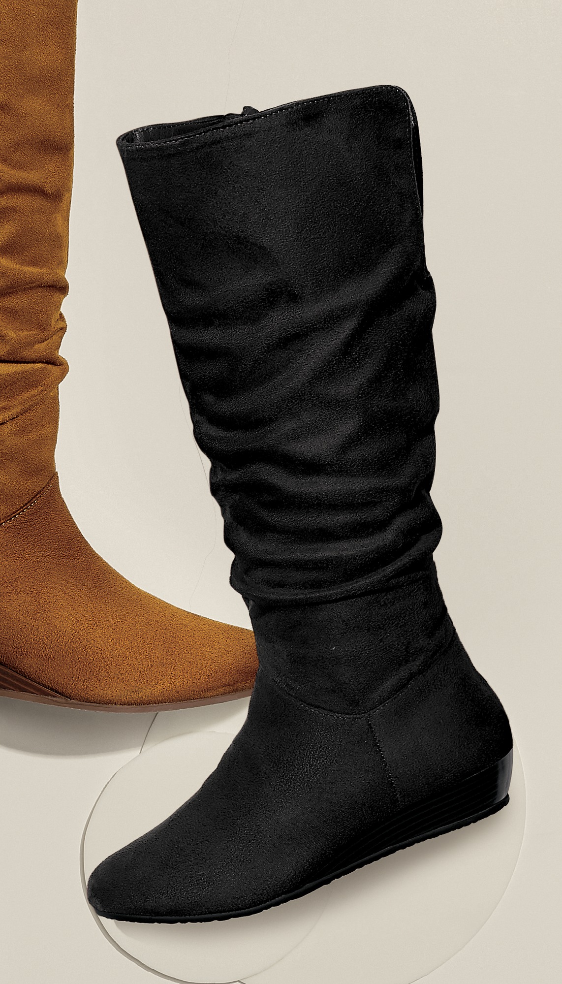 Amanda D'Laurie Tall Scrunch Boot: Rich Faux Suede with 1" Wedge Heel