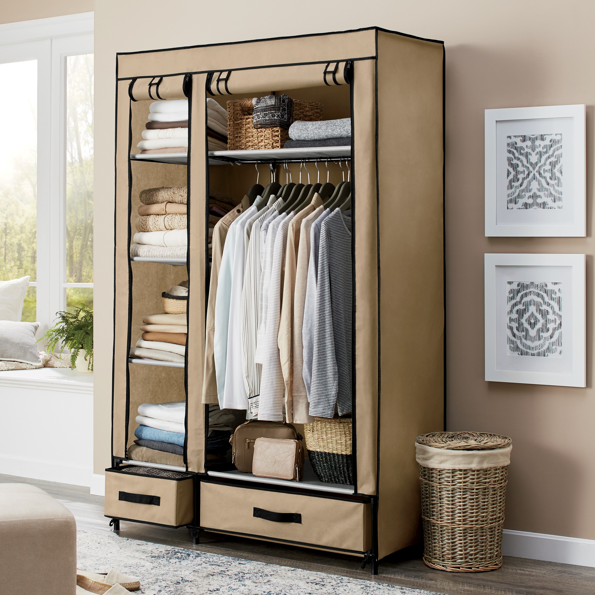 Fabric Storage Wardrobe Closet with Drawers and Hanging Bar