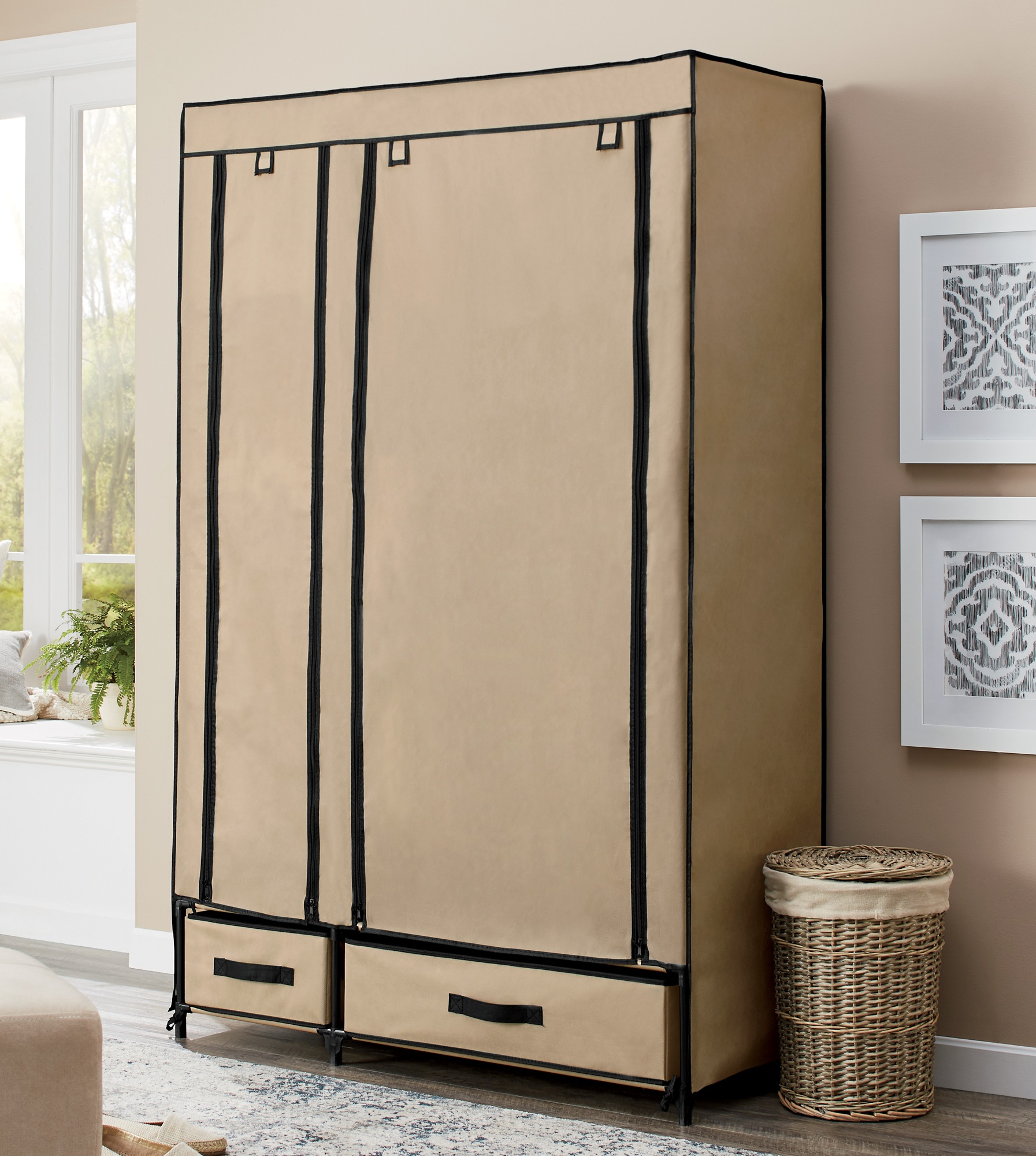 Fabric Storage Wardrobe Closet with Drawers and Hanging Bar