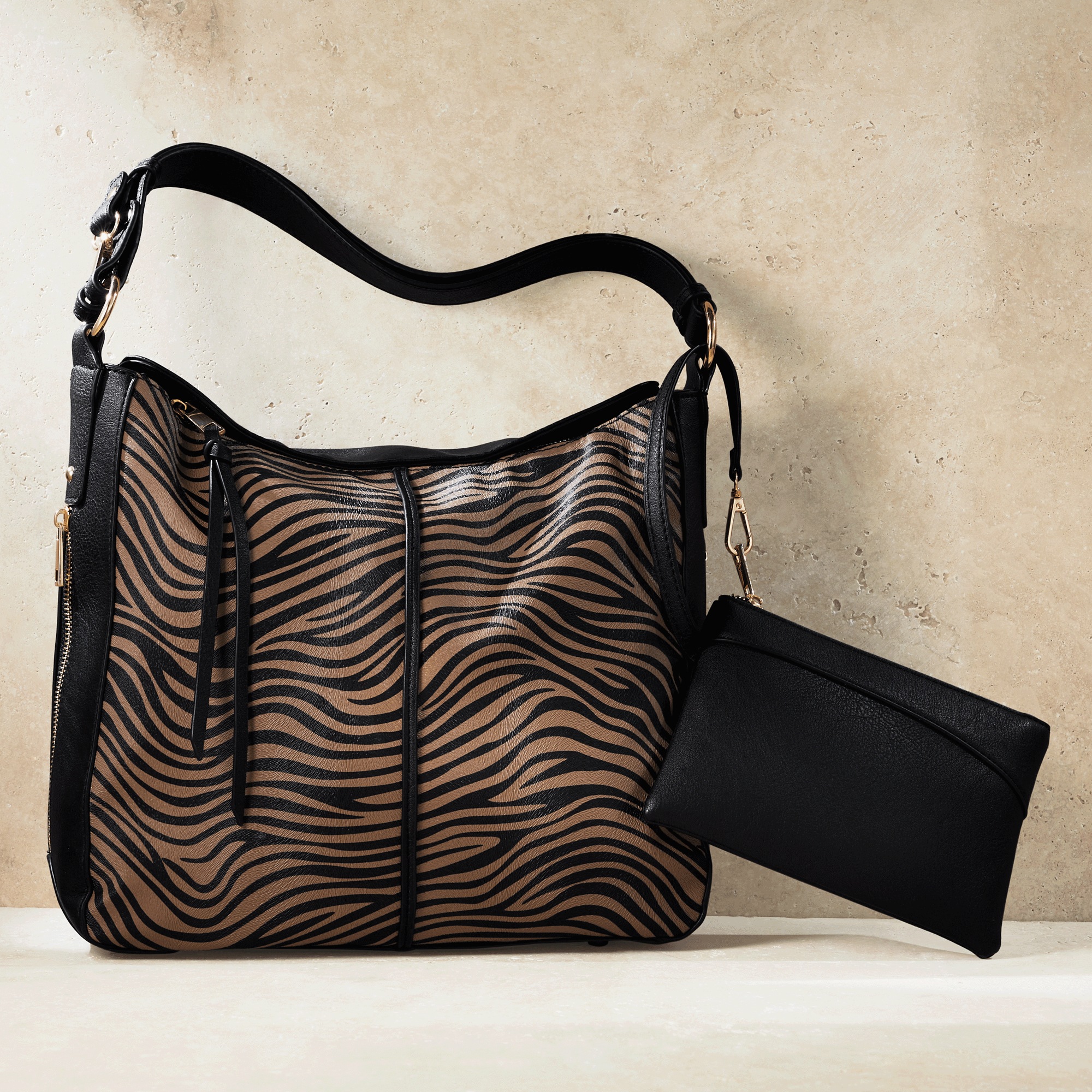 2-Piece Animal-Print Faux-Leather Handbag & Pouch Set for Women