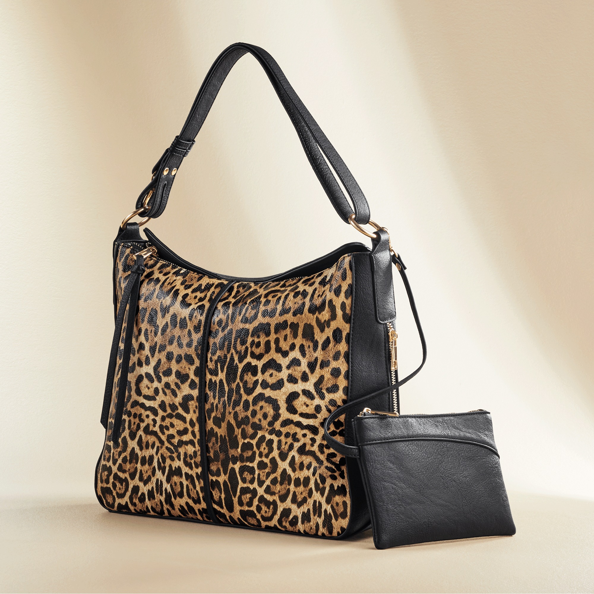 2-Piece Animal-Print Faux-Leather Handbag & Pouch Set for Women