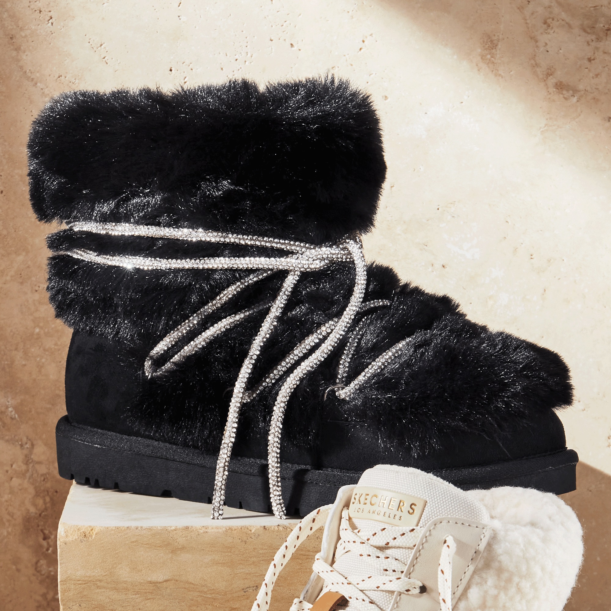 Azalea Wang Retrograde Faux-Suede Bootie for Women with Faux Fur and Rhinestone Lacing