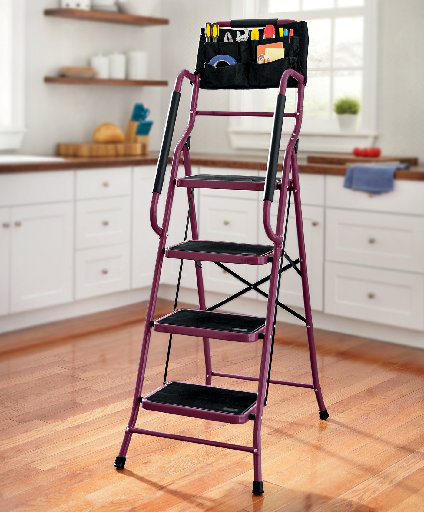 4-Step Safety Ladder with Tool Tote and Non-Slip Steps 8 4-Step Safety Ladder with Tool Tote and Non-Slip Steps