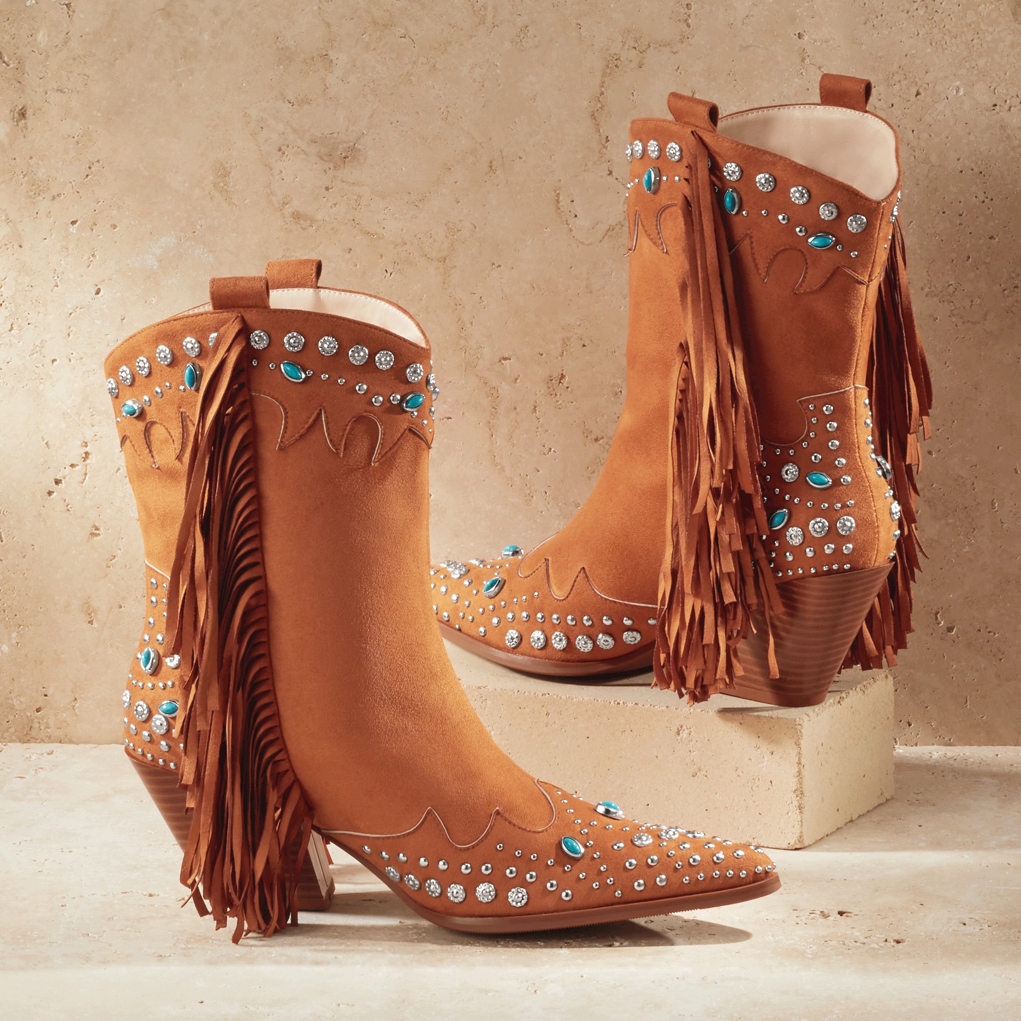 Azalea Wang Anorak Fringe & Stud Faux-Suede Bootie with 3" Heel for Women