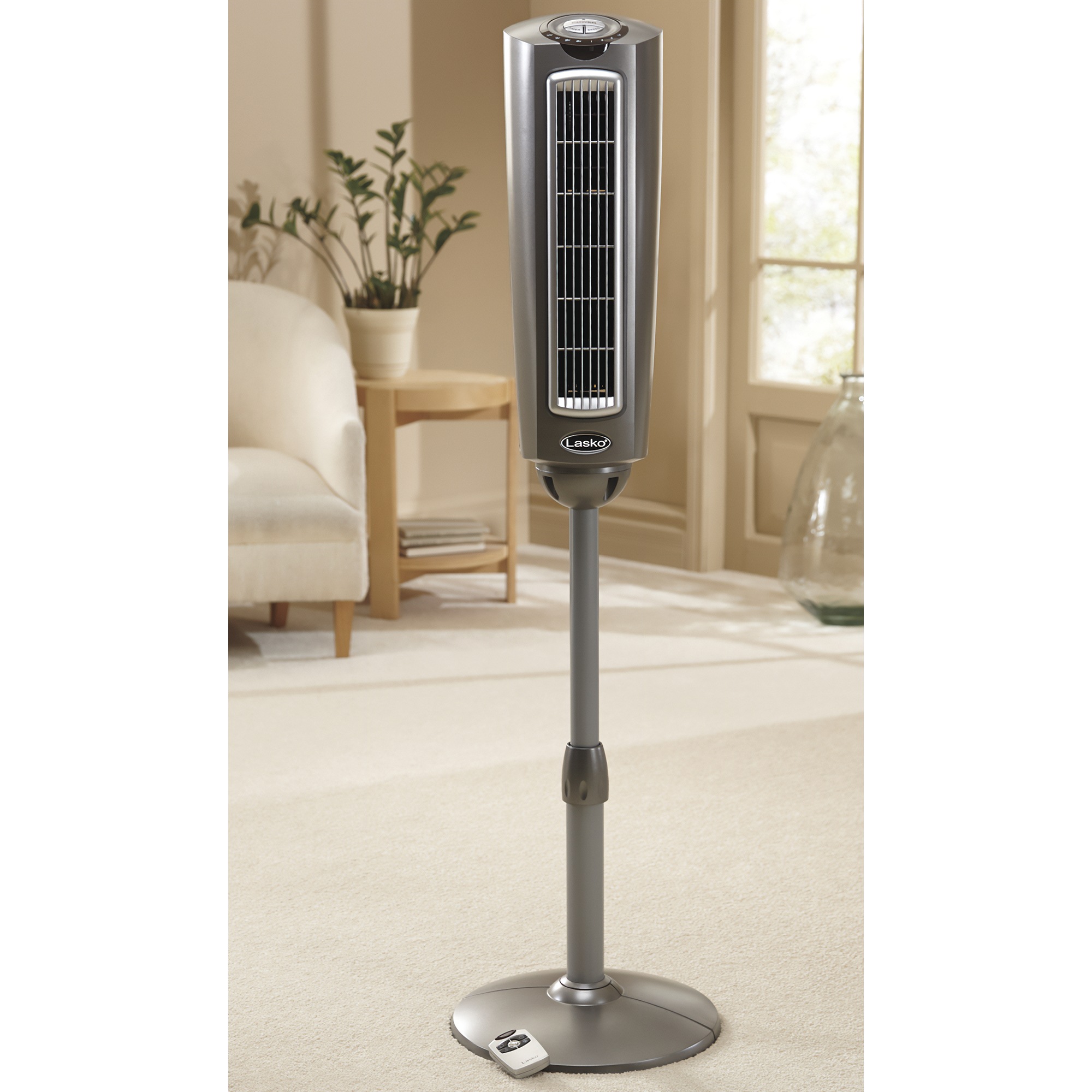 Lasko 52" Adjustable Space-Saving Oscillating Pedestal Tower Fan with 3-Speeds, Timer and Remote, Gray