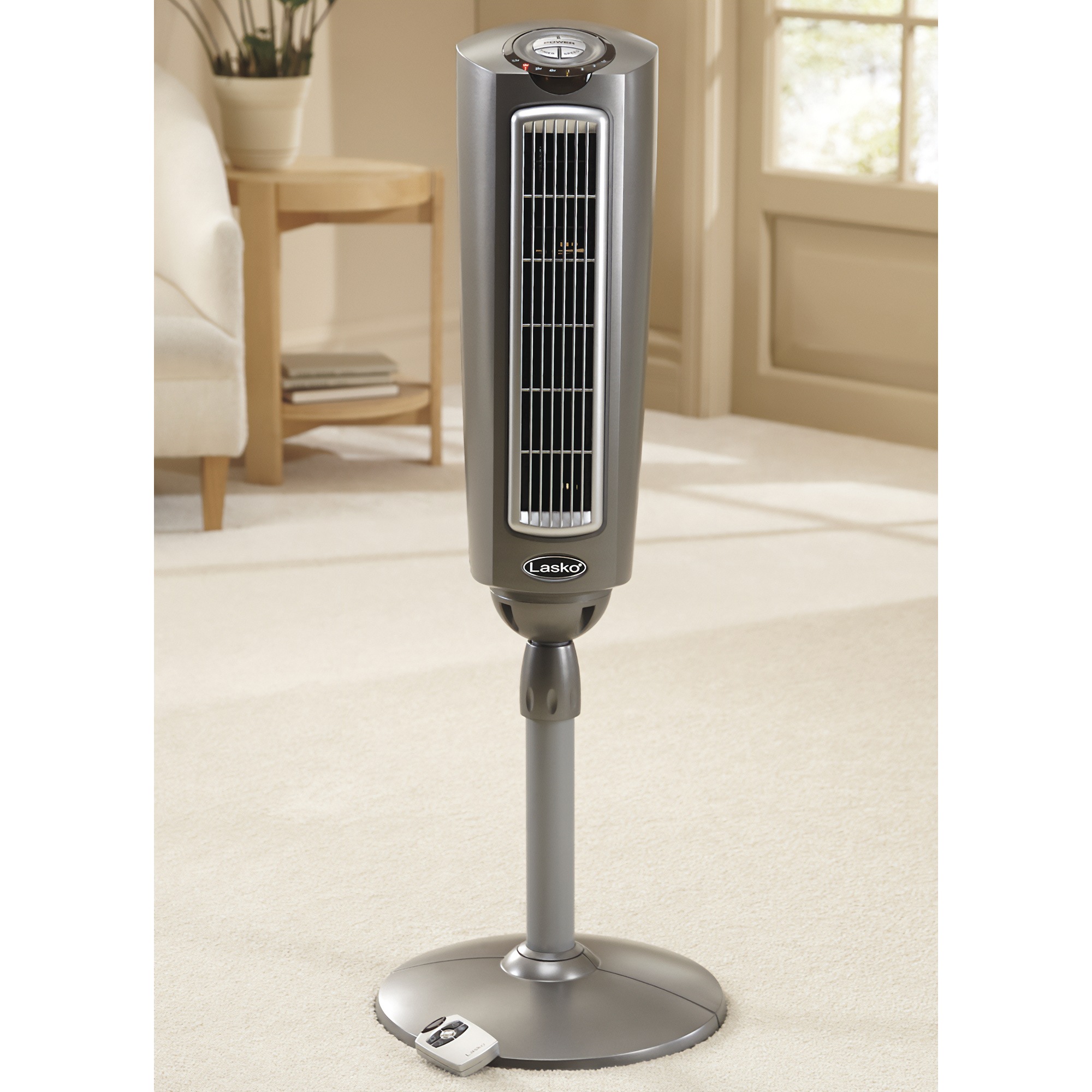 Lasko 52" Adjustable Space-Saving Oscillating Pedestal Tower Fan with 3-Speeds, Timer and Remote, Gray
