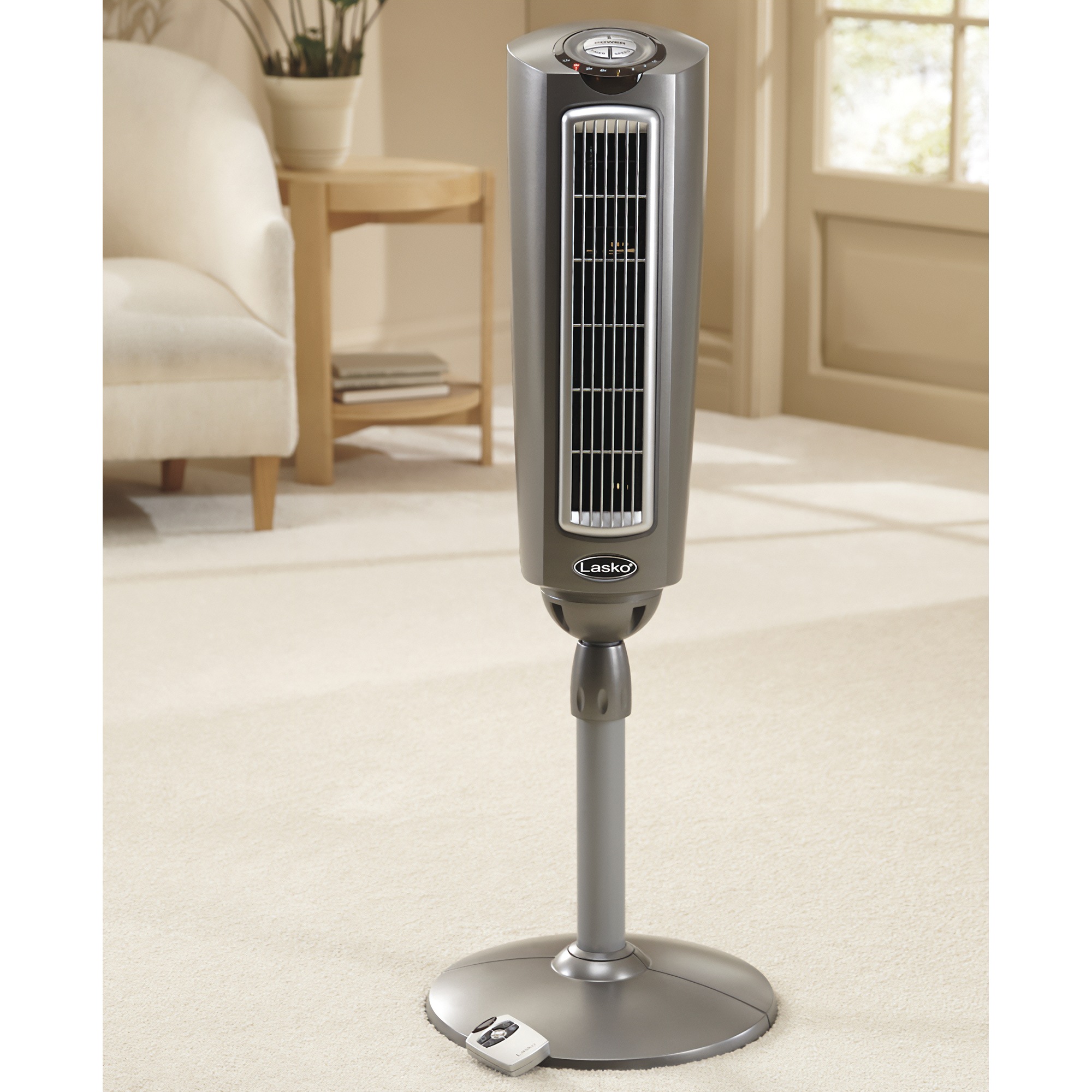 Lasko 52" Adjustable Space-Saving Oscillating Pedestal Tower Fan with 3-Speeds, Timer and Remote, Gray 3 Lasko 52" Adjustable Space-Saving Oscillating Pedestal Tower Fan with 3-Speeds, Timer and Remote, Gray