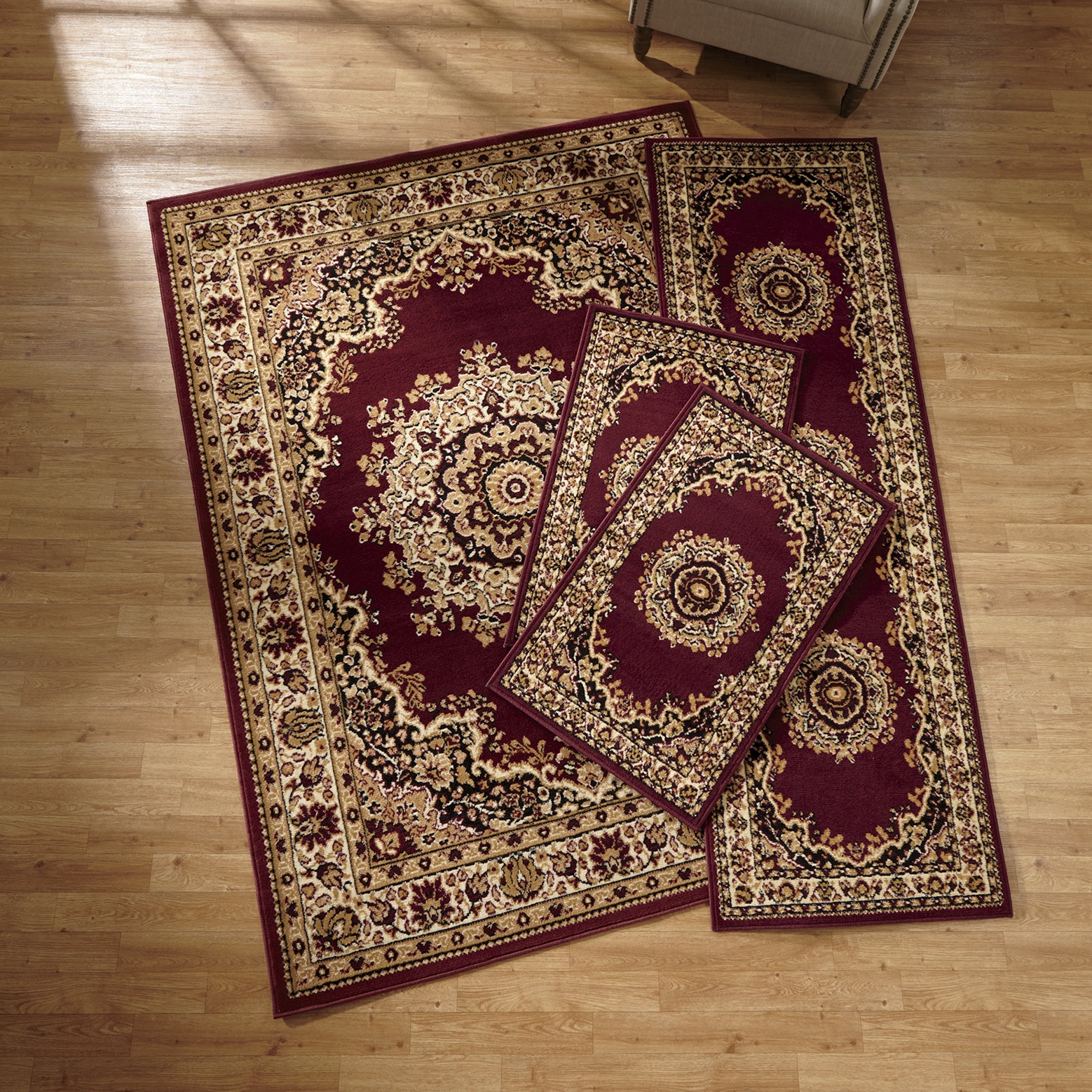 4-Piece Plush Floral Kirman Rug Set with Runner and Mats