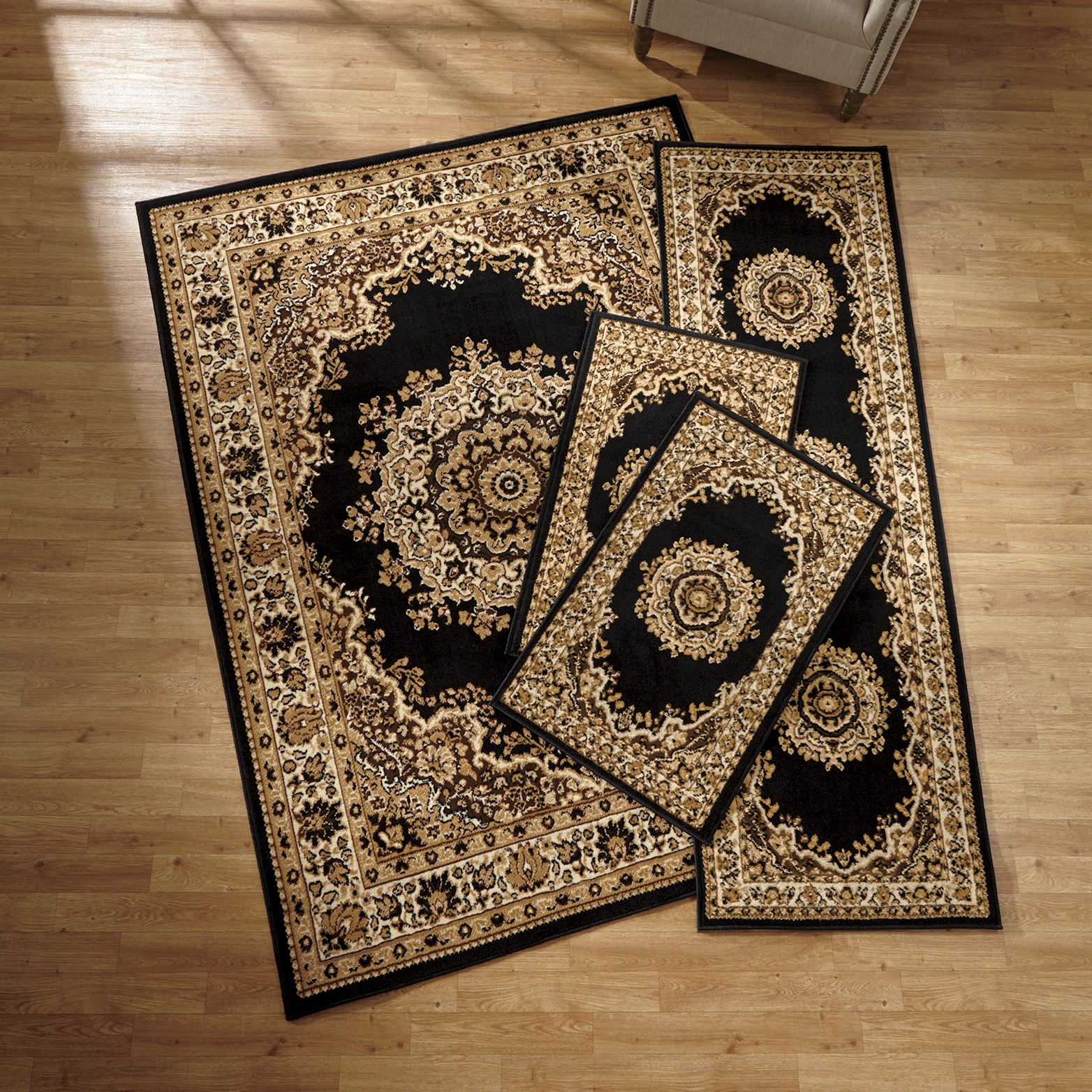 4-Piece Plush Floral Kirman Rug Set with Runner and Mats 5 4-Piece Plush Floral Kirman Rug Set with Runner and Mats