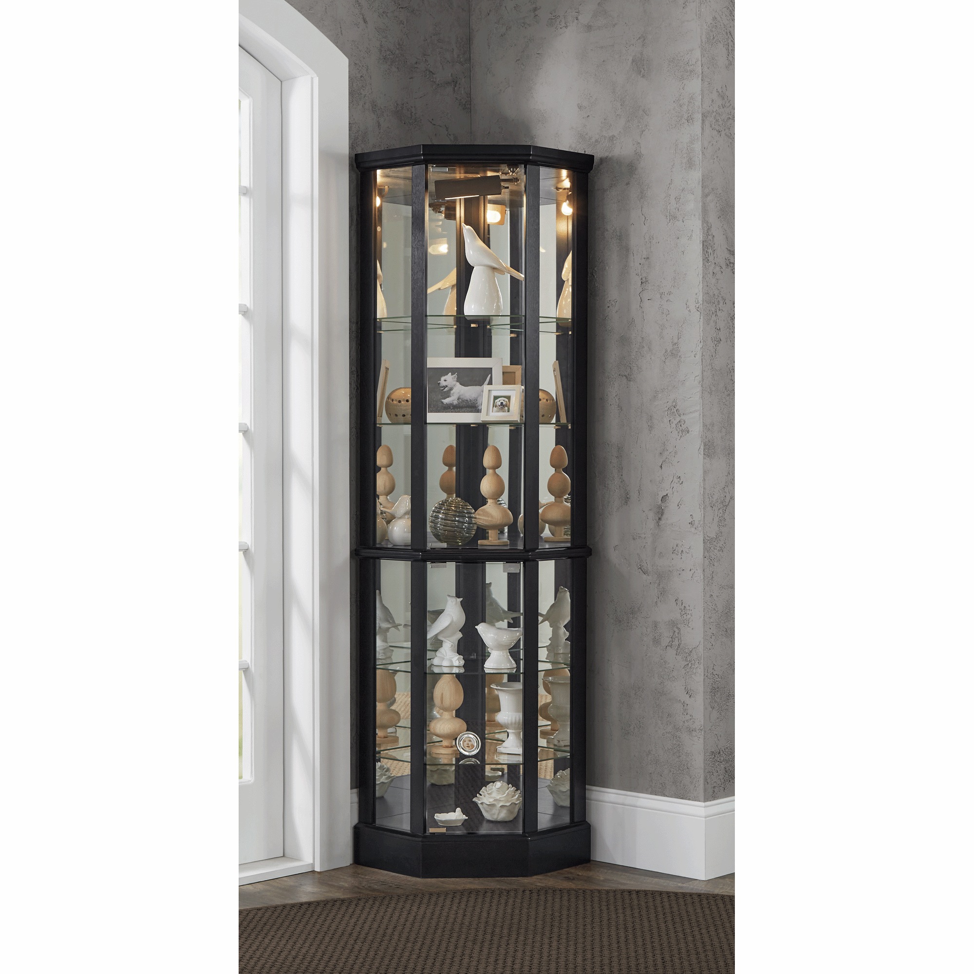 Tessa Lighted Display Corner Curio Cabinet with Glass Shelves and Mirrored Back 5 Tessa Lighted Display Corner Curio Cabinet with Glass Shelves and Mirrored Back