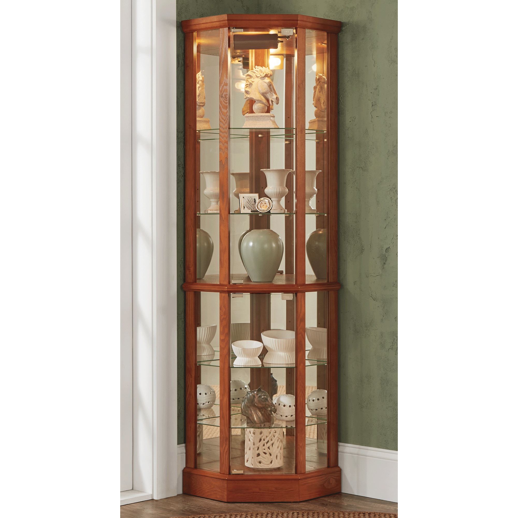 Tessa Lighted Display Corner Curio Cabinet with Glass Shelves and Mirrored Back 6 Tessa Lighted Display Corner Curio Cabinet with Glass Shelves and Mirrored Back