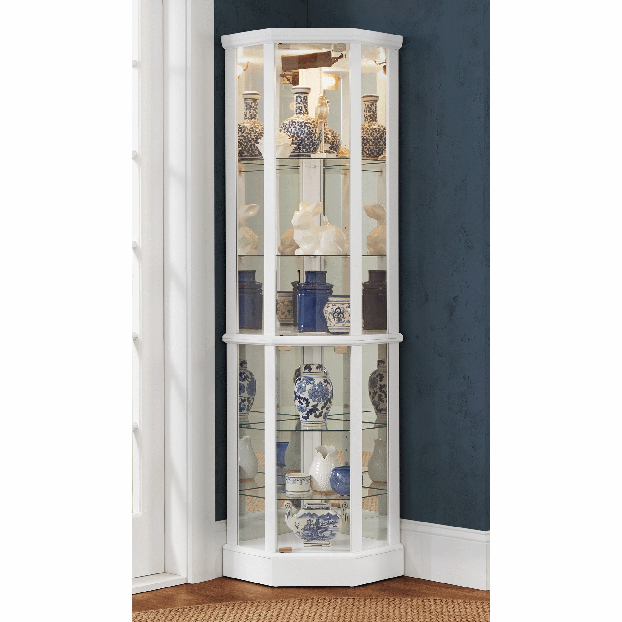 Tessa Lighted Display Corner Curio Cabinet with Glass Shelves and Mirrored Back 7 Tessa Lighted Display Corner Curio Cabinet with Glass Shelves and Mirrored Back