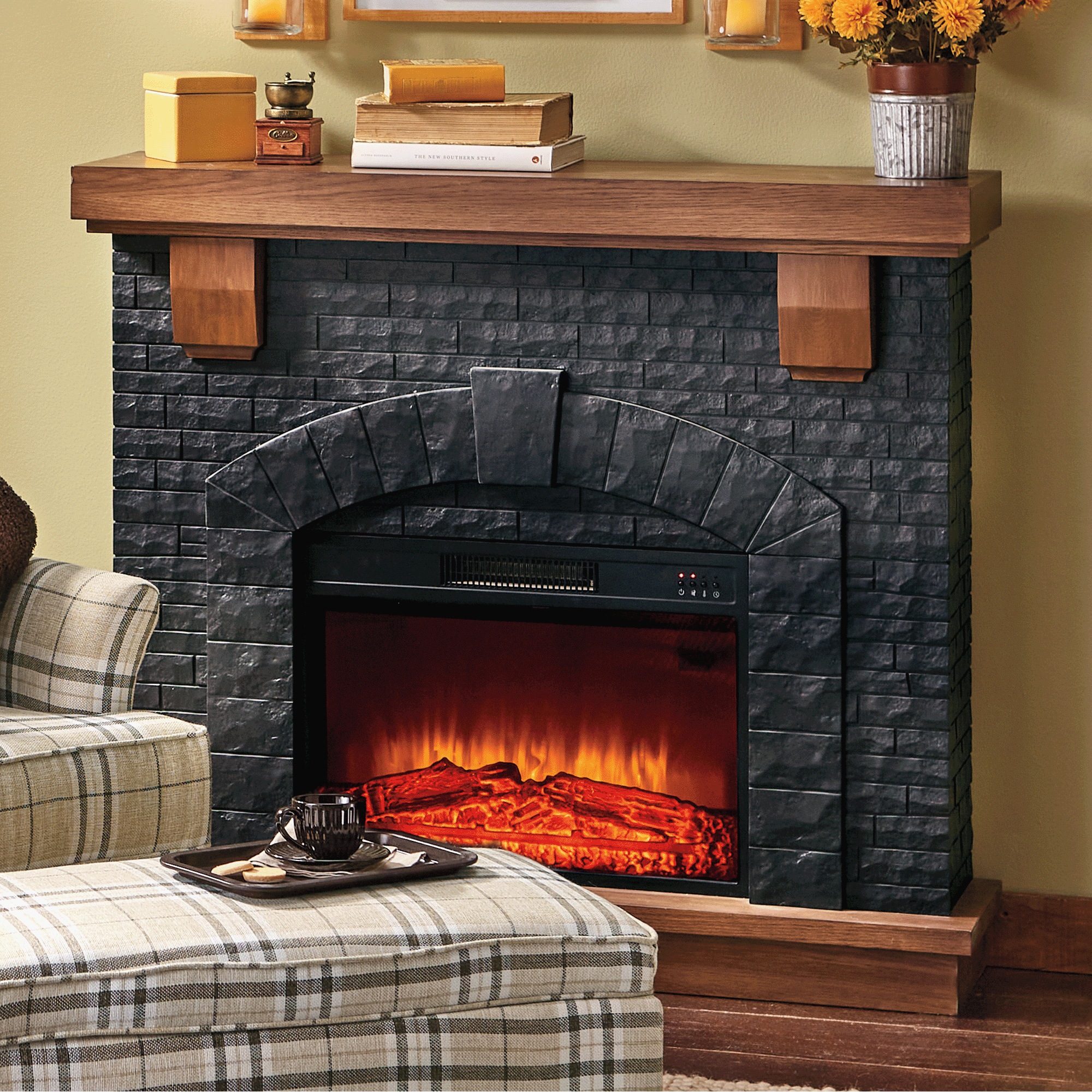 Black Faux-Brick Fireplace