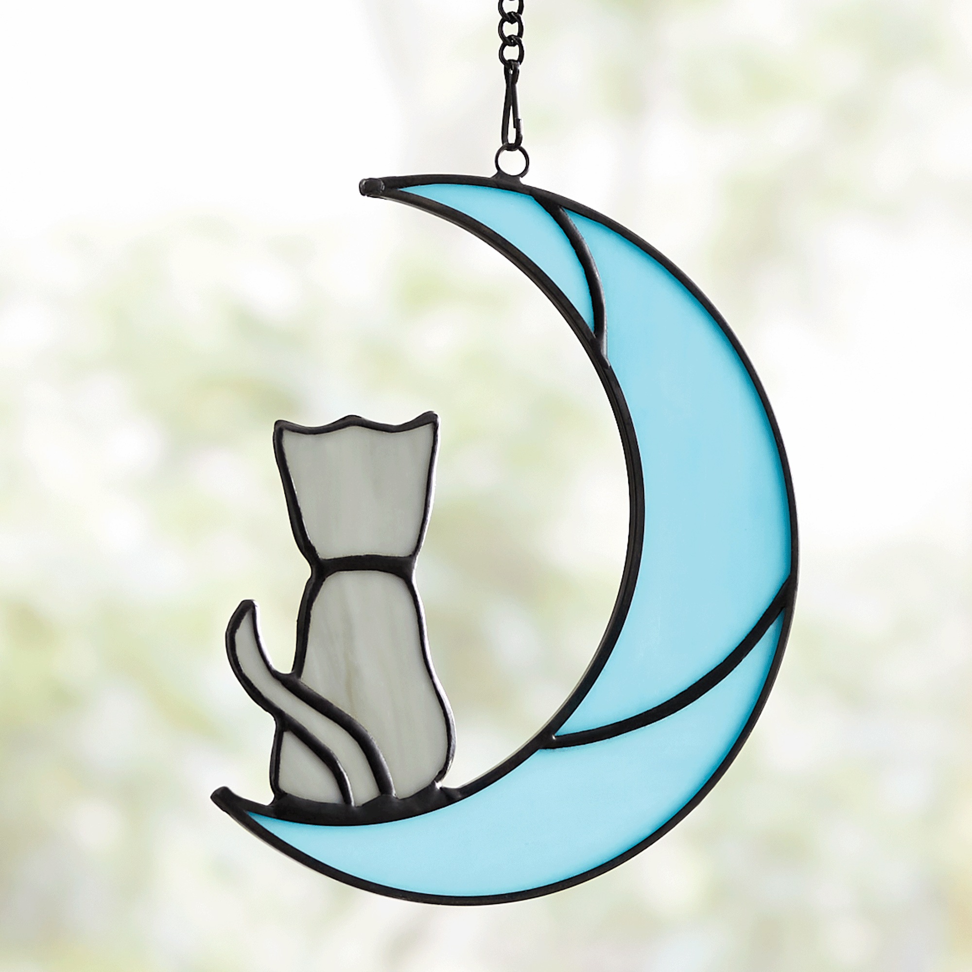 Stained Glass Pet on Moon Window Hanging