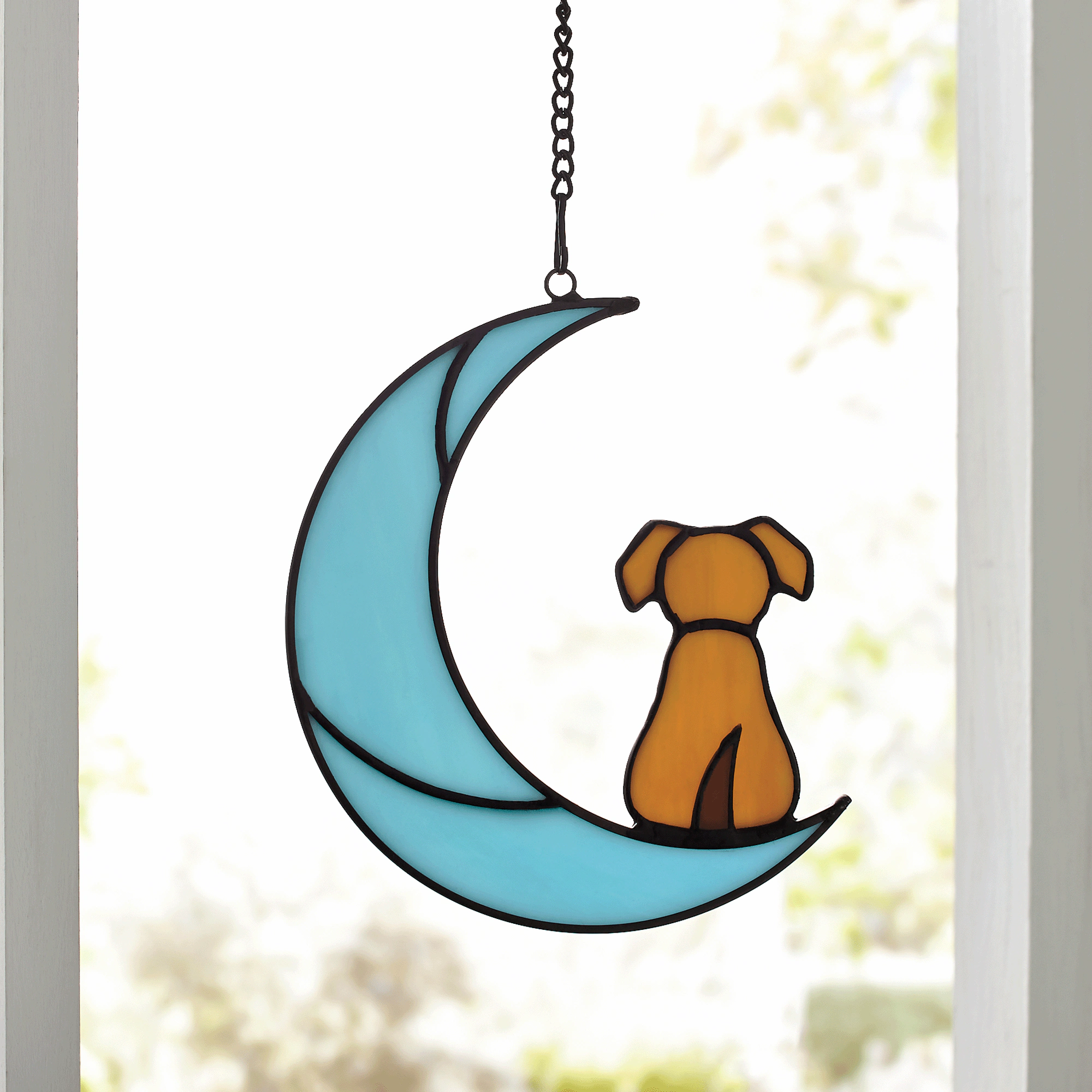 Stained Glass Pet on Moon Window Hanging