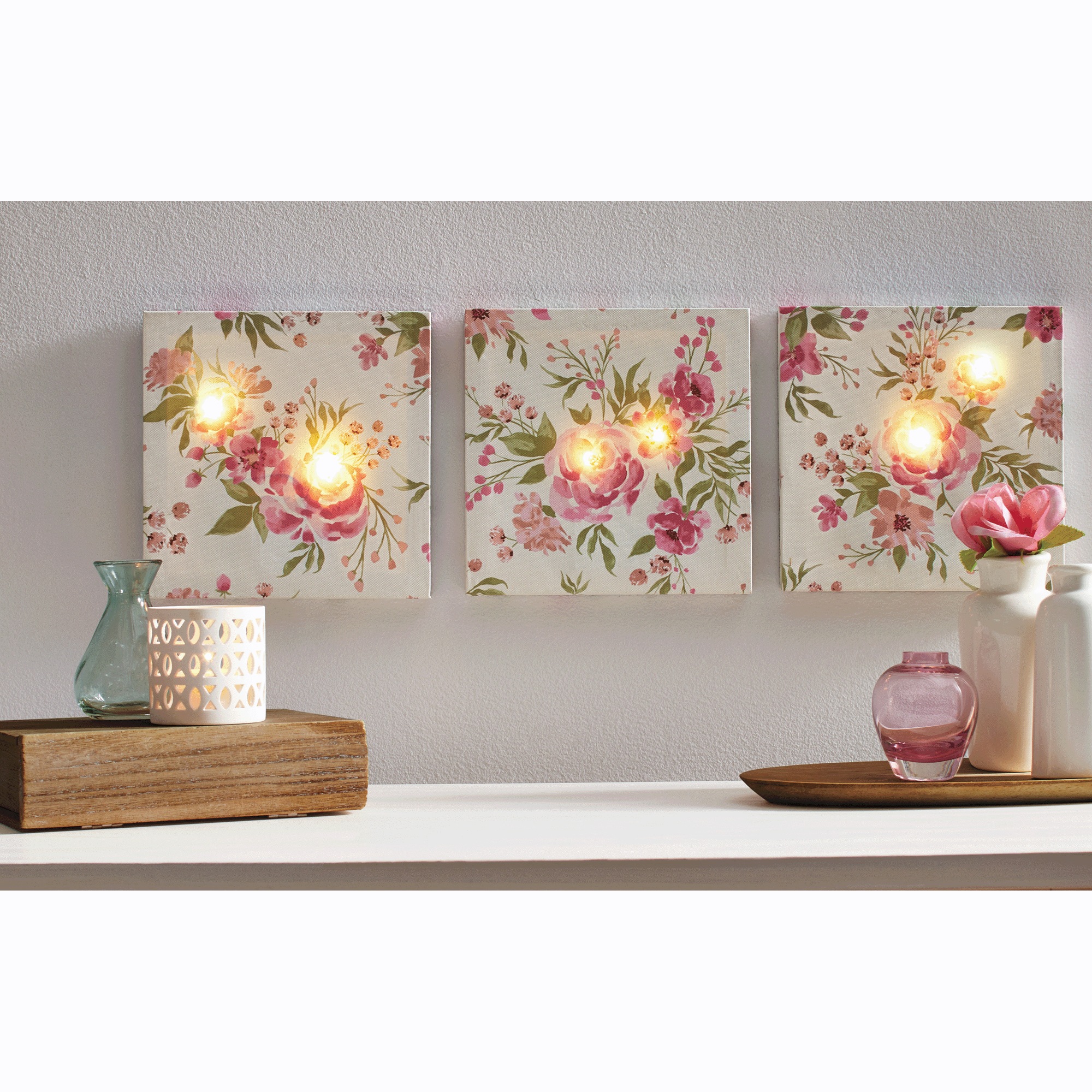 3-Piece Lit Cottage Rose Wall Art